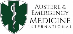 A picture of a badge with the Rod of Asclepius in the center. There is text to the left that says "Austere & Emergency Medicine International"