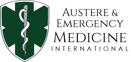 A picture of a badge with the Rod of Asclepius in the center. There is text to the left that says "Austere & Emergency Medicine International"